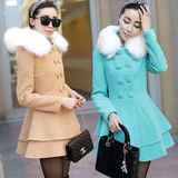 2015秋冬装新款韩版修身中长款毛呢外套羊毛双面呢子大衣女带毛领
