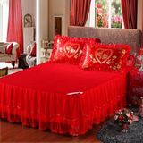 韩版席梦思单件床罩结婚庆大红色公主蕾丝床裙床笠床套15 18米