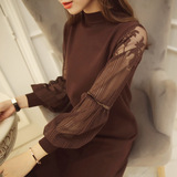 冬季新款韩版蕾丝拼接中长款加厚毛衣套头打底衫女宽松长袖针织衫