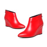 欧美坡跟短靴红黑色真皮靴子女士尖头高跟鞋秋冬款牛筋底拉链女靴