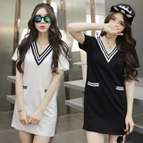 2016夏装韩版海军风学生直筒裙子条纹V领短袖中长款学院风连衣裙