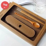 勺筷餐具套装便携式木质长柄汤勺小木勺 携带餐具盒 便携餐具筷套