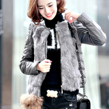 2015冬装女装韩版拼接皮草外套棉衣修身显瘦短款兔毛时尚纯色上衣