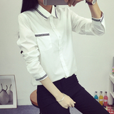 2016新款韩版春夏装长袖字母单排扣衬衣女式修身衬衫打底白衬衫