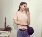2016韩版纯色袖子开叉半高领短袖针织衫女宽松套头半袖T恤打底衫