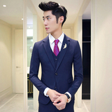 16春季男士潮流青年西服三件套装韩版英伦修身纯色男式休闲外套