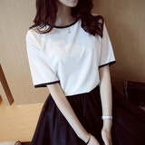 纯色拼接圆领t恤2016韩国学生修身短袖女款夏天简约显瘦宽松体恤