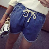 2016夏季新款韩版女装个性复古百搭松紧腰系带卷边牛仔短裤热裤女