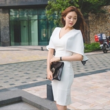韩版夏季新款2016性感女装深V领拼接蝙蝠袖修身包臀开叉连衣裙潮
