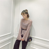 夏季新款韩版女薄款透视镂空长袖罩衫纯色流苏套头针织衫+F810