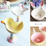 日式创意餐具卡通可爱甜品碗沙拉碗水果碗个性高脚碗 陶瓷兔子碗
