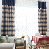 宜家英伦风格/美式乡村 蓝色格子棉麻窗帘 卧室客厅定制窗帘成品