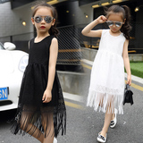 女童无袖连衣裙夏季儿童吊带裙女孩韩版白黑色流苏时尚蕾丝裙子潮