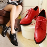 2016新款春秋鞋女单鞋红色系带中跟尖头粗跟真皮女鞋深口小皮鞋