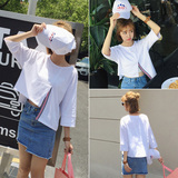 2016夏季新款韩版不规则开叉七分袖T恤女学生条纹拼接圆领上衣潮