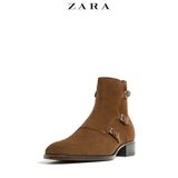 ZARA 男鞋 棕色三扣环真皮短靴 15614102105