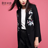 云思木想 时尚中国风女装长袖西装中长款宽松刺绣羊毛外套81257