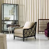 新款美式乡村实木镂空雕花单人沙发法式麻布老虎椅软包布艺休闲椅
