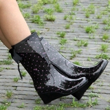 出口日本 时尚女士 坡跟雨鞋雨靴水鞋 飘带蝴蝶结 拉链 中筒 粉点