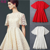 夏季韩版大码白色镂空蕾丝雪纺结婚红色中长款裙子礼服修身连衣裙