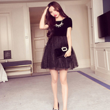 2016春季促销新款丝绒蓬蓬裙公主裙短袖黑色晚礼服气质修身连衣裙