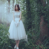 【钱小Q】韩版优雅白色透视钉珠蕾丝小礼服蓬蓬性感中长款短婚纱