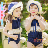 2015韩版新款外贸宝宝儿童女童裙式连体荷叶边比基尼泳衣配泳帽