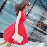 红色连衣裙夏韩版v领无袖背心薄款弹力冰丝针织女修身显瘦蓬蓬裙