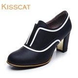 KISS CAT/接吻猫女鞋新款真皮圆头高跟舒适通勤深口单鞋