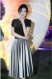 韩版2016夏季新款高圆圆明星同款简单黑T恤+百褶裙套装