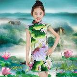 儿童旗袍夏季薄款女童纯棉连衣裙绿色荷叶小孩唐装古典中国风衣服