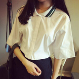 2016春季女装新品韩版polo领中袖短款衬衫学院风休闲衬衣百搭上衣