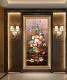 壁画玄关油画欧式竖版纯手绘风水客厅装饰画牡丹花卉单幅走廊挂画