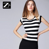 ZK黑白条纹拼接t恤女装修身显瘦上衣体恤百搭衣服潮2016夏装新款