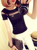 2016夏装新款韩版女装网纱拼接性感短款修身t恤女短袖上衣打底衫