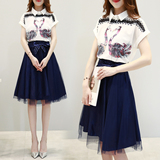 女装夏装2016新款韩版短袖雪纺衬衫连衣裙女修身中长款印花套装裙