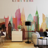 欧式彩色艺术纽约伦敦都市水彩壁画墙画城市标建手绘墙纸背景墙