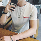 夏季男式短袖t恤潮男韩版修身口袋织带圆领休闲T恤青少年体恤衣服