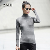 Amii2016秋冬新款修身百搭高领罗纹开衩打底衫撞色条纹套头女毛衣