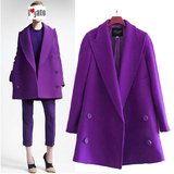 2015新款秋冬季女装韩版修身显瘦呢子大衣中长款宽松紫色毛呢外套