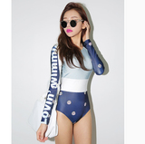 2016年韩国新款拼色珠光感珍珠贝壳字母图案连体防晒温泉女游泳衣