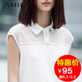 Amii2016夏季新款韩版宽松显瘦OL风衬衫镂空拼接无袖雪纺衫女上衣