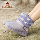 Camel骆驼女鞋冬季新款真皮舒适长毛绒里平跟套筒水钻中筒雪地靴