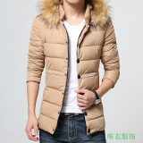 冬季男士韩版轻薄棉服修身棉衣纯色连帽中长款青少年羽绒棉袄外套