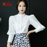 长袖衬衫女2016夏季新款韩版白色衬衣纯色立领灯笼袖上衣纯棉女装