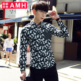 AMH男装韩版2016春装新款修身扣领尖领印花男长袖衬衫潮QA5035燊
