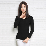 秋冬新款女士韩版修身V领螺纹打底衫纯色羊毛衫包身高弹力毛衣T恤