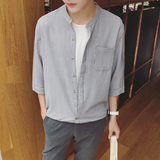 原创日系韩版条纹男士小衬衫七分袖休闲衬衣夏季立领中袖寸衫男潮