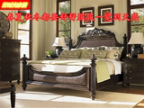 出口卧房家具 美式雕花实木床  藤床  1.8米双人床复古高背做旧床