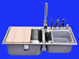 包邮普乐美304不锈钢水槽 双槽带刀架 套餐FK506+PF7203抽拉龙头